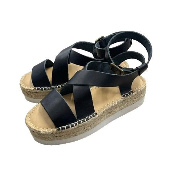 Soludos Olympia Espadrille Platform Leather Sandal In Black NIB - Picture 3 of 7